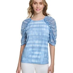 Calvin Klein Printed Chiffon Sleeve Top Blue Size 1X